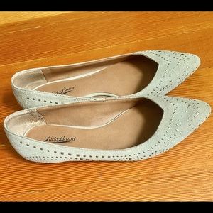 Almost new, embellished tan suede slip-on shoes